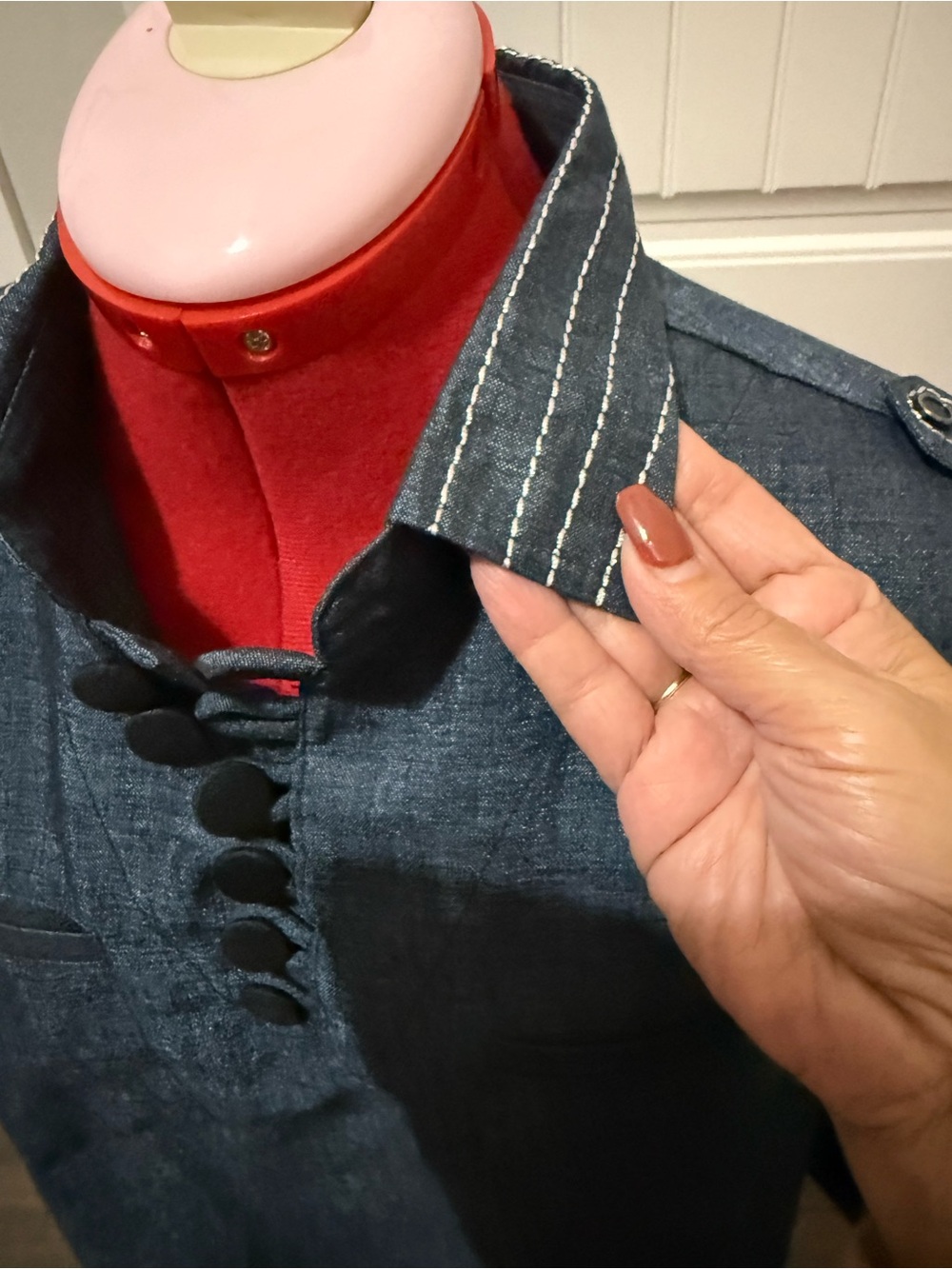 Women's Navy Denim Style Shirt Dress side slits adjustable sleeves Sz Large - Picture 2 of 16